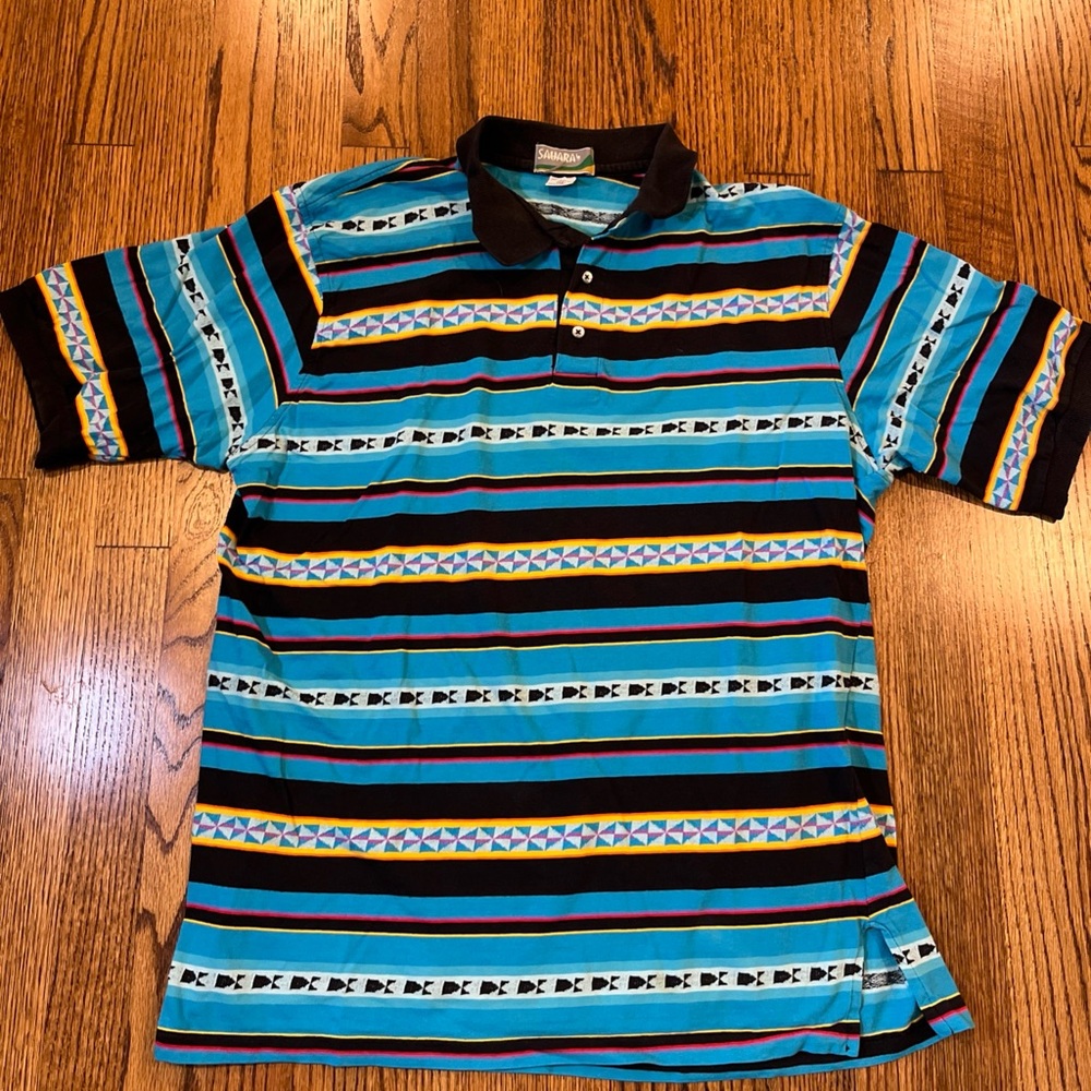 Vtg 90s Sahara Sportswear Polo Shirt XL Aztec Tribal Stripe USA Made Southwest